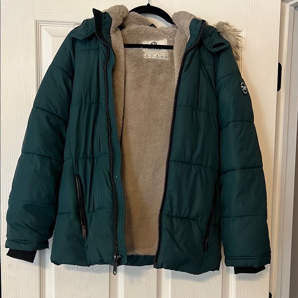 Green Puffer Jacket with Faux Fur Lining